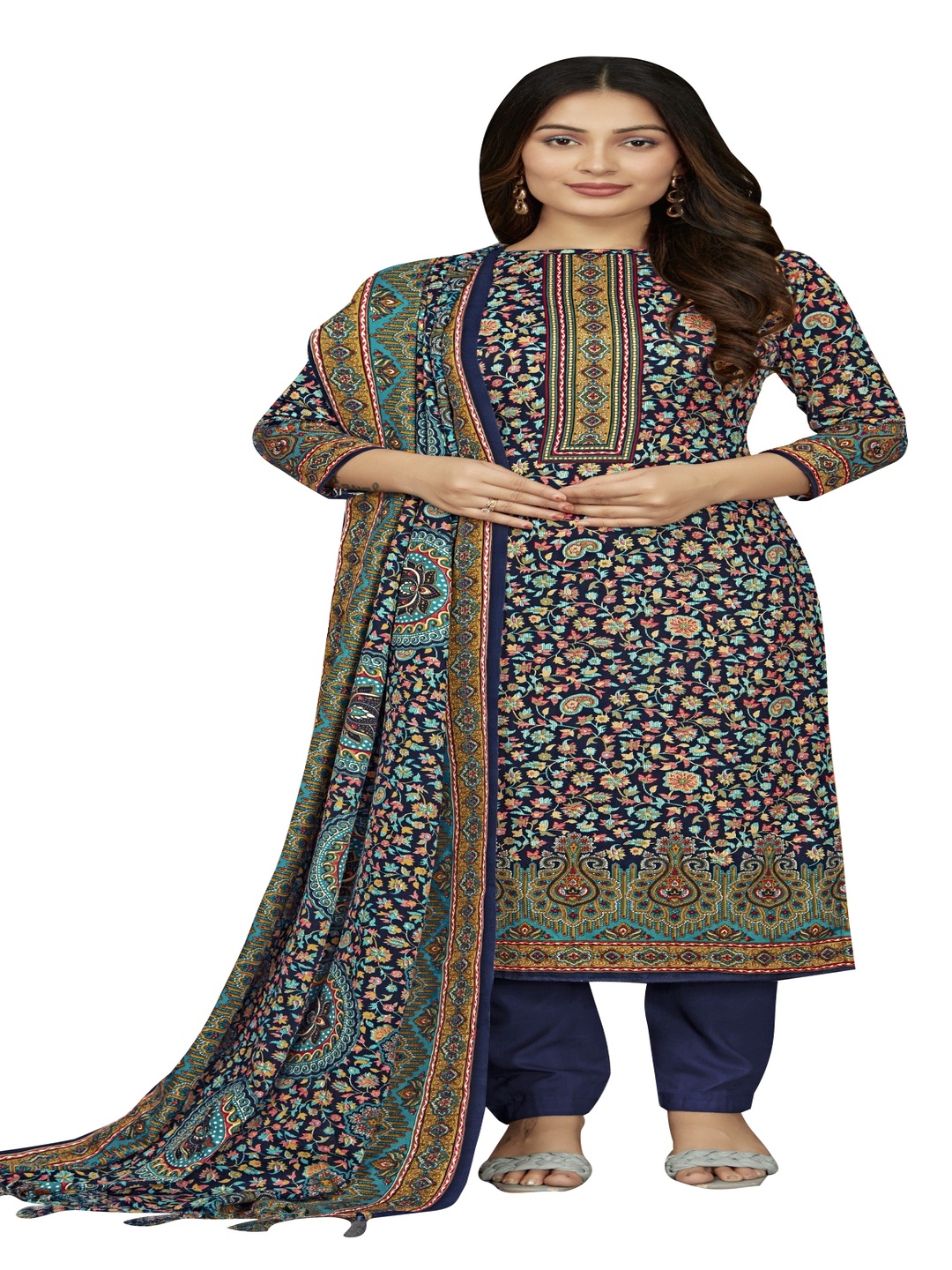 

DRAVINAM Trends Ethnic Motifs Printed Pashmina Unstitched Dress Material, Blue