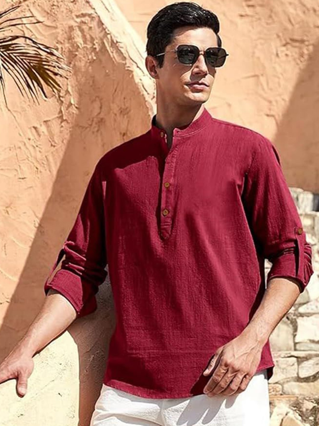 

Vida Loca Cotton Band Collar Slim Fit Short Kurta, Maroon