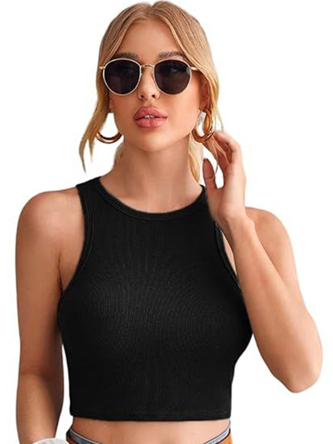 

KASHIAN Solid Crop Shoulder Straps Tank Crop Top, Black