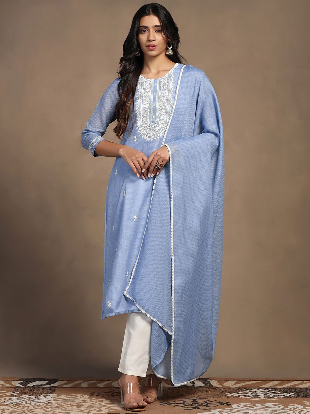 

Moda Rapido Floral Embroidered Round Neck Sequinned Straight Kurta With Trouser & Dupatta, Blue