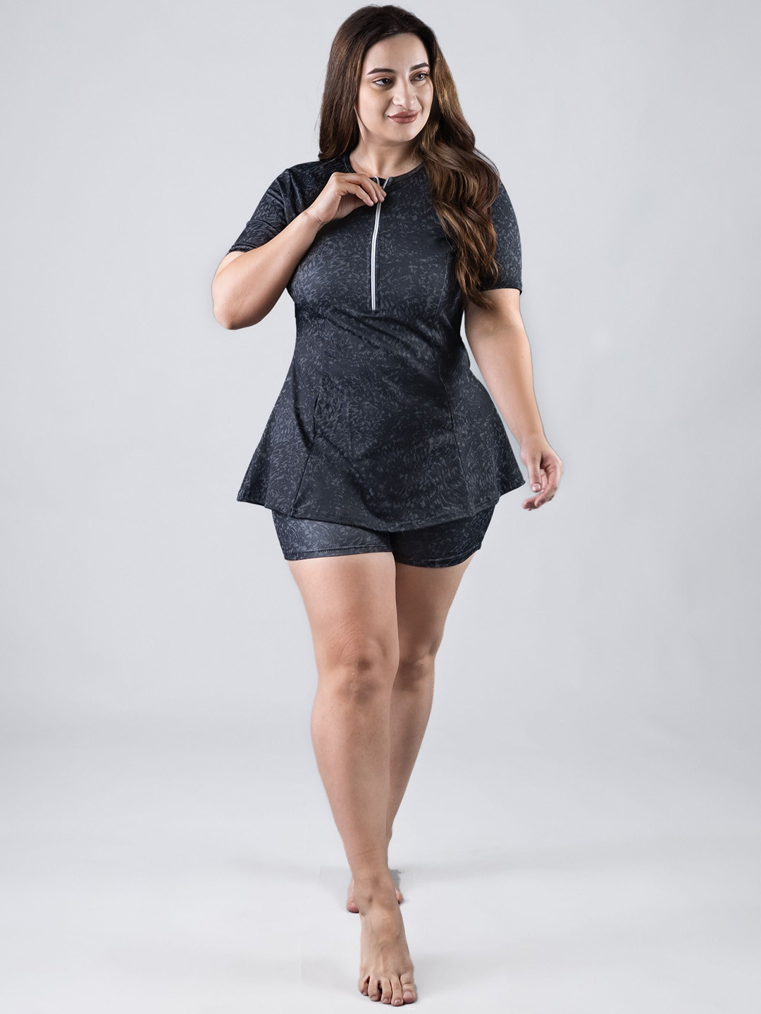 

Keepfit Padded Swim Set With Zipper Top And Boyshorts, Black