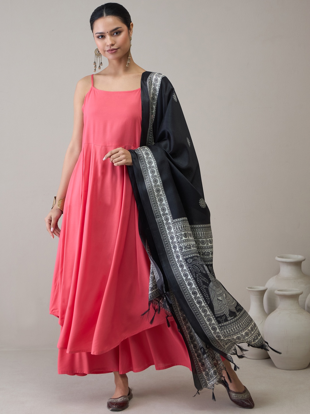 

InWeave Women Panelled Kurta with Palazzos & With Dupatta, Peach