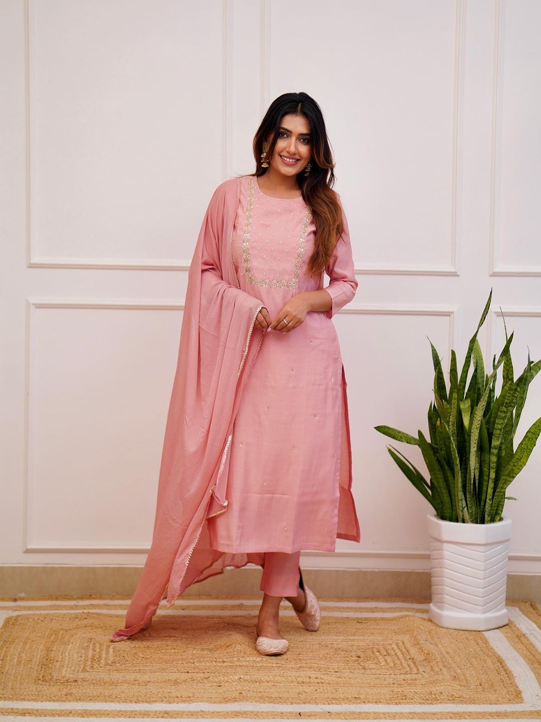 

Moda Rapido Peach Floral Embroidered Straight Kurta With Trousers And Dupatta