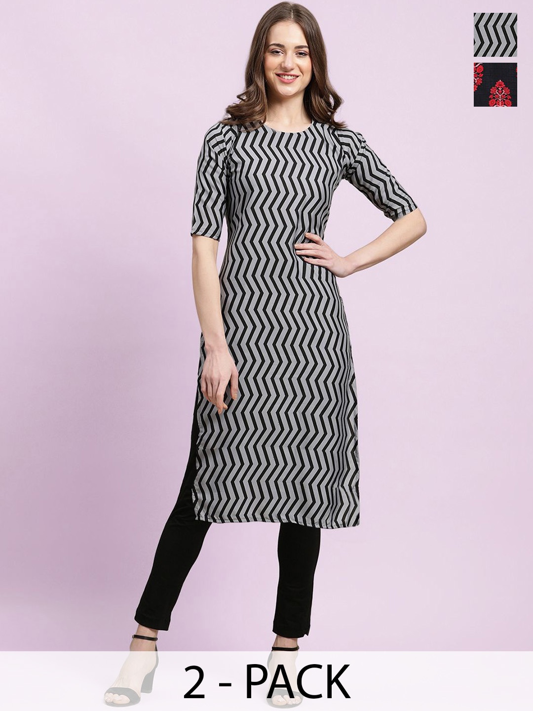 

Moda Rapido Grey & Black Selection Of 2 Ethnic Motifs Printed Straight Kurtas