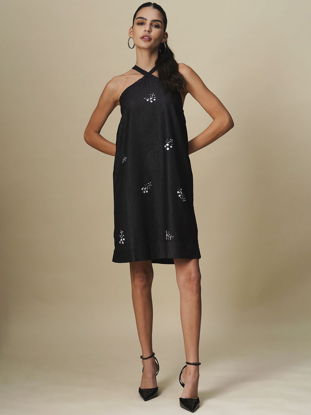 

Chemistry Embellished Halter Neck Denim A-Line Dress, Black