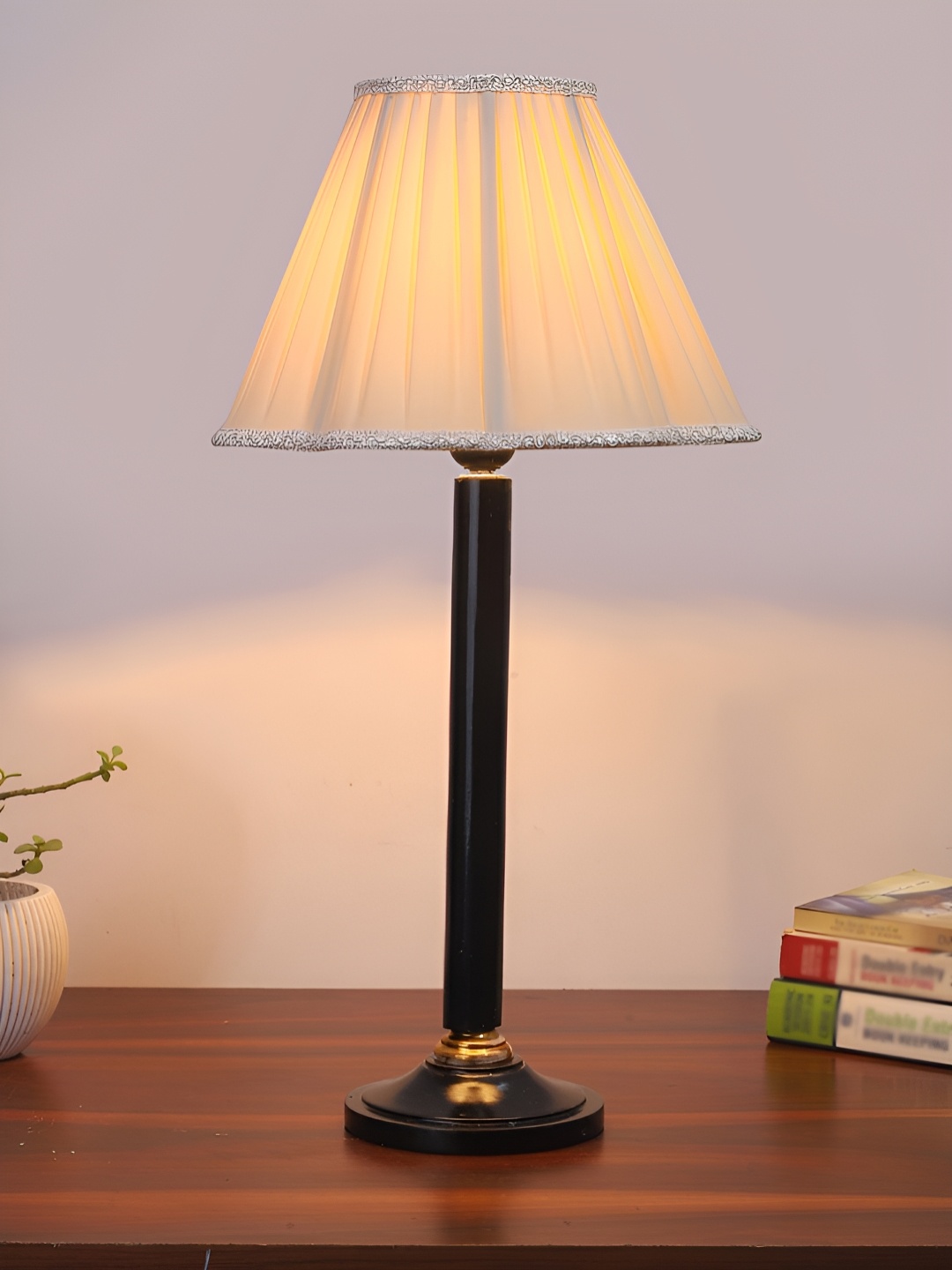 

Devansh Off White & Brown Wooden Frustum Shaped Table Lamp