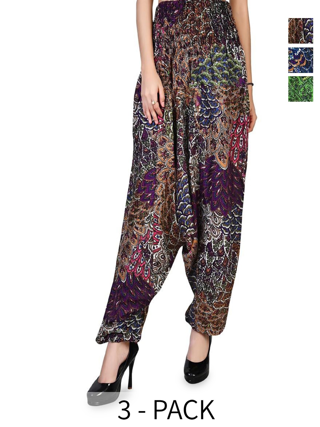 

NarNari Women Pack of 3 Printed High-Rise Harem Pants, Green