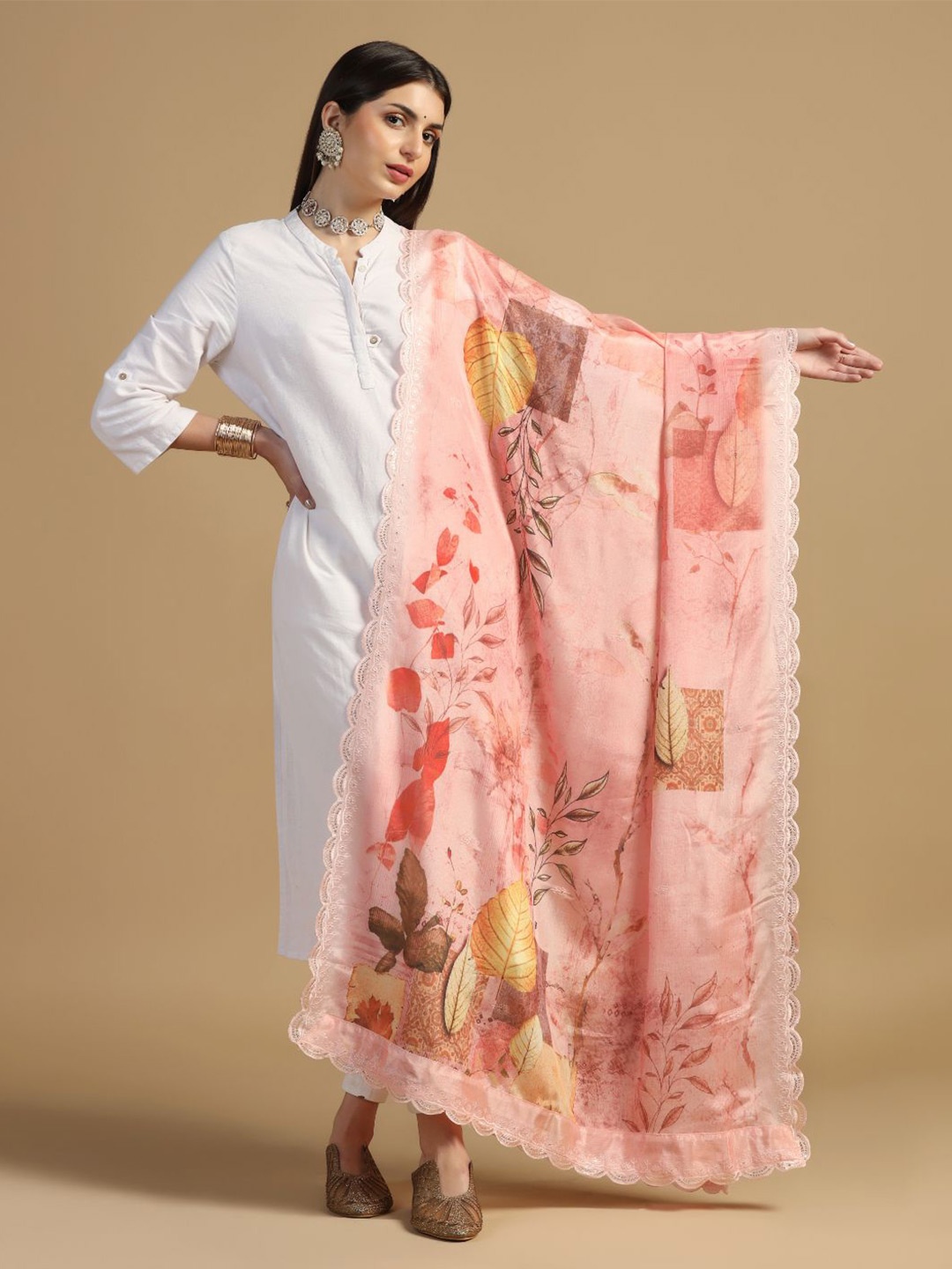 

Kaizen TEXO FAB Floral Printed Dupatta With Sequinned, Peach