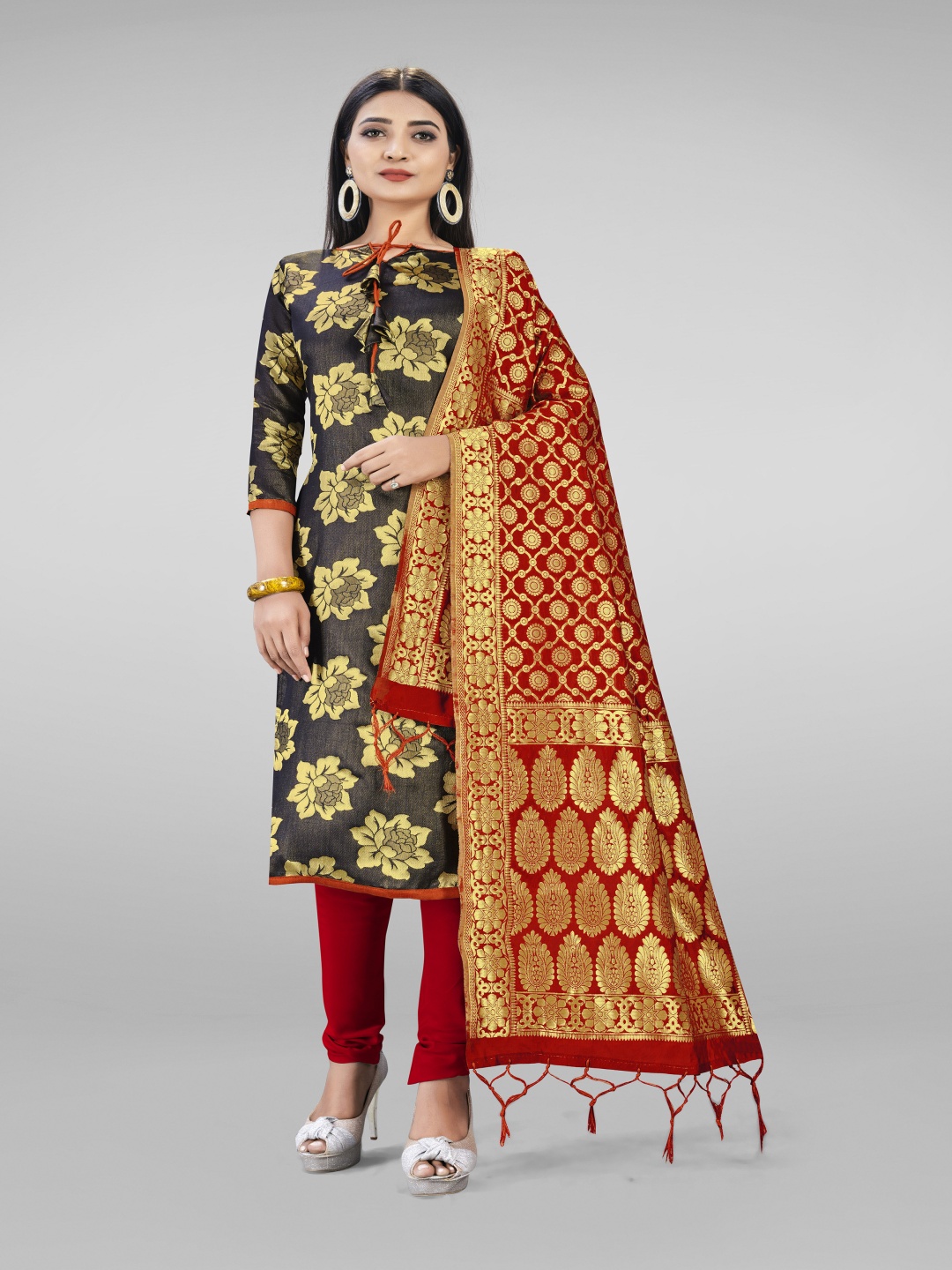 

HERE&NOW Floral Printed Woven Design Unstitched Dress Material, Black