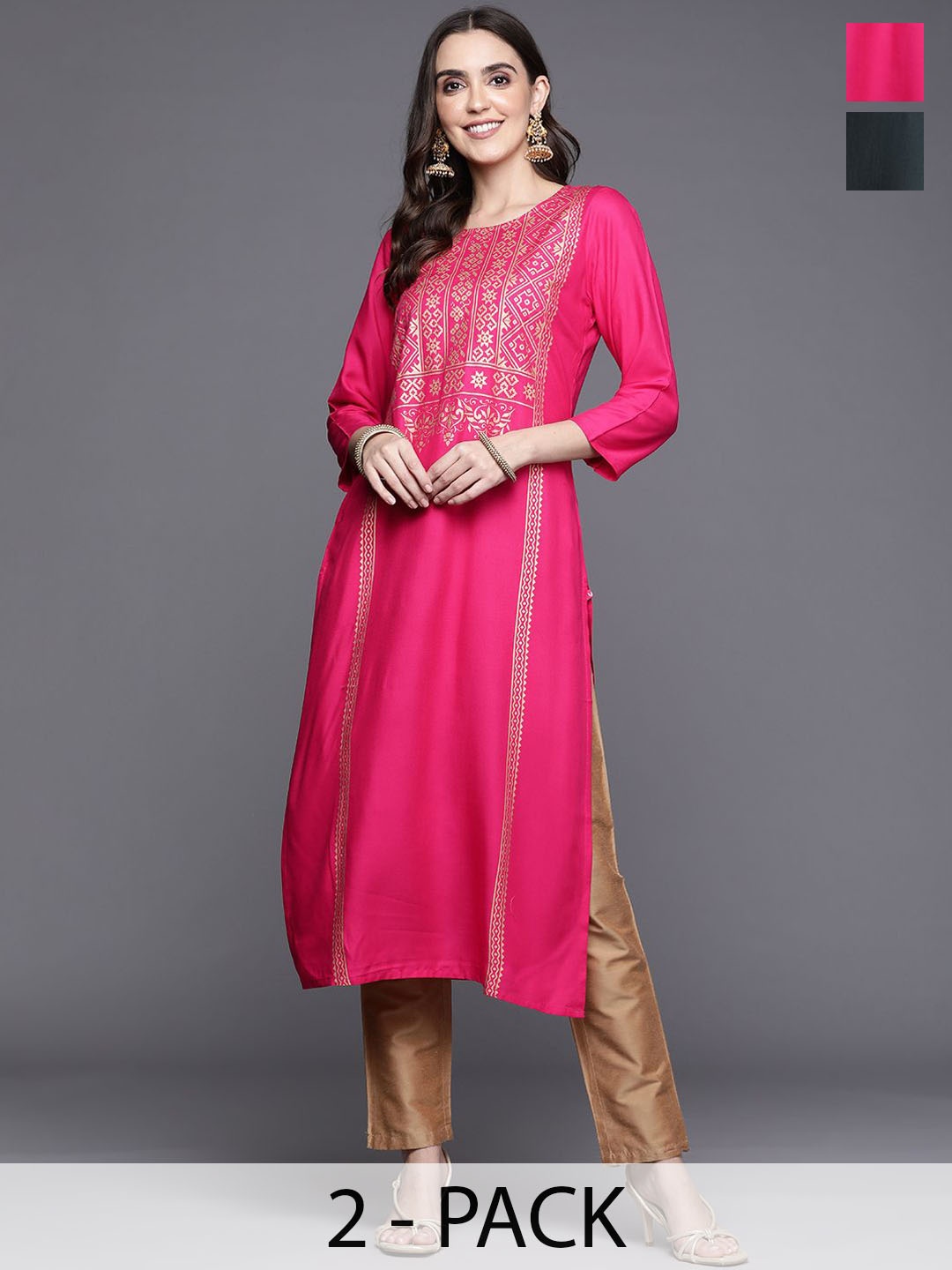 

Varanga Selection Of 2 Ethnic Motifs Printed Round Neck Straight Kurtas, Pink