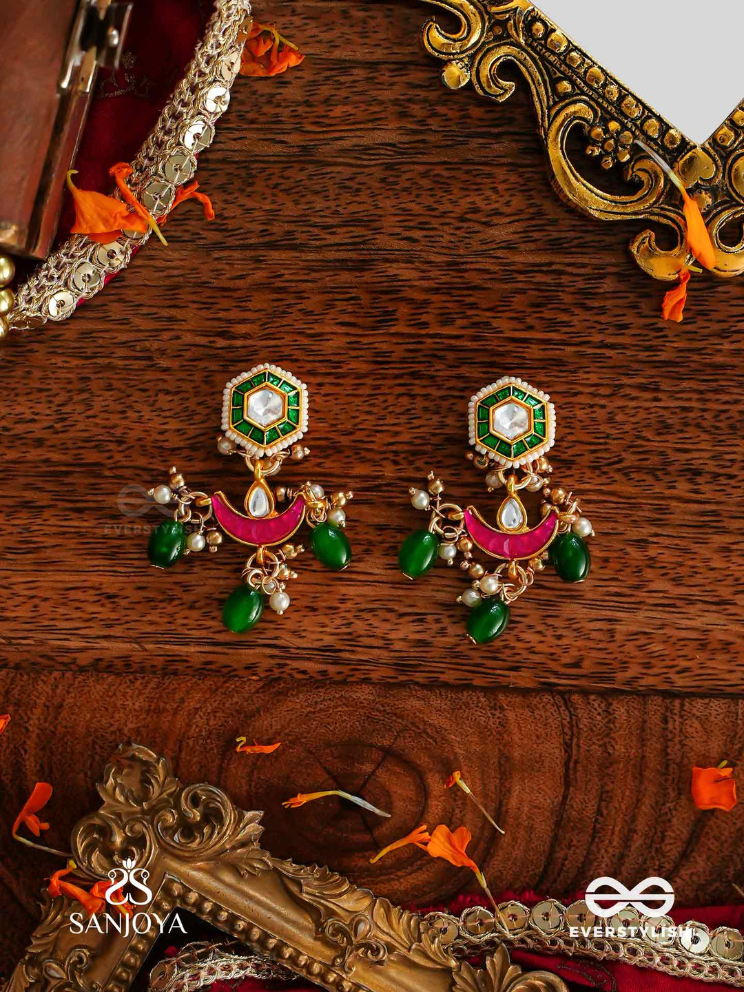 

EVERSTYLISH Sanjoya Kundan Earrings Inspired by Moon's Radiance with Pearls & Green Drops, Multi