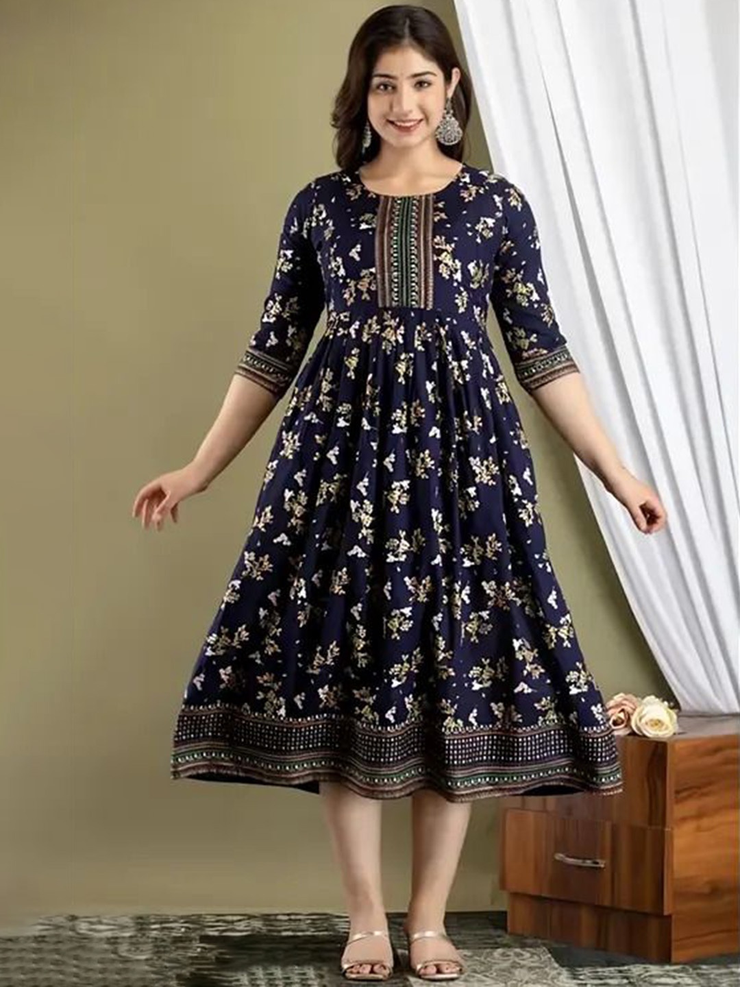 

TROPWEAR Floral Printed Round Neck Maternity Fit And Flare Ethnic Dresses, Blue