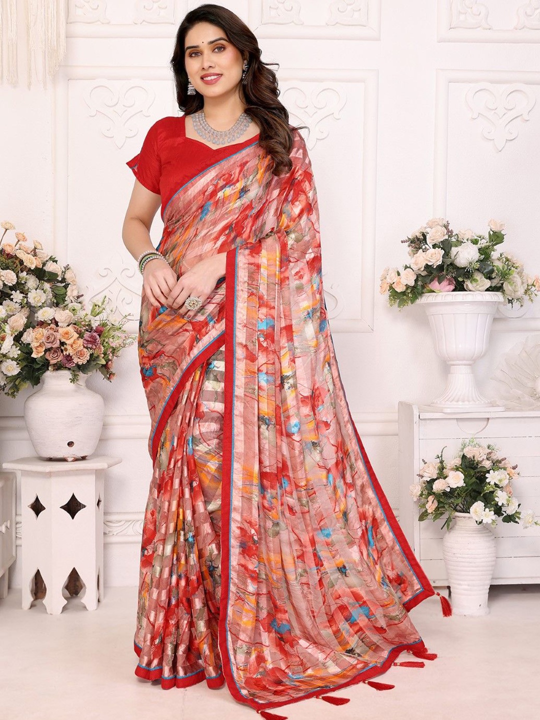 

KALINI Abstract Printed Saree With Blouse Piece, Red