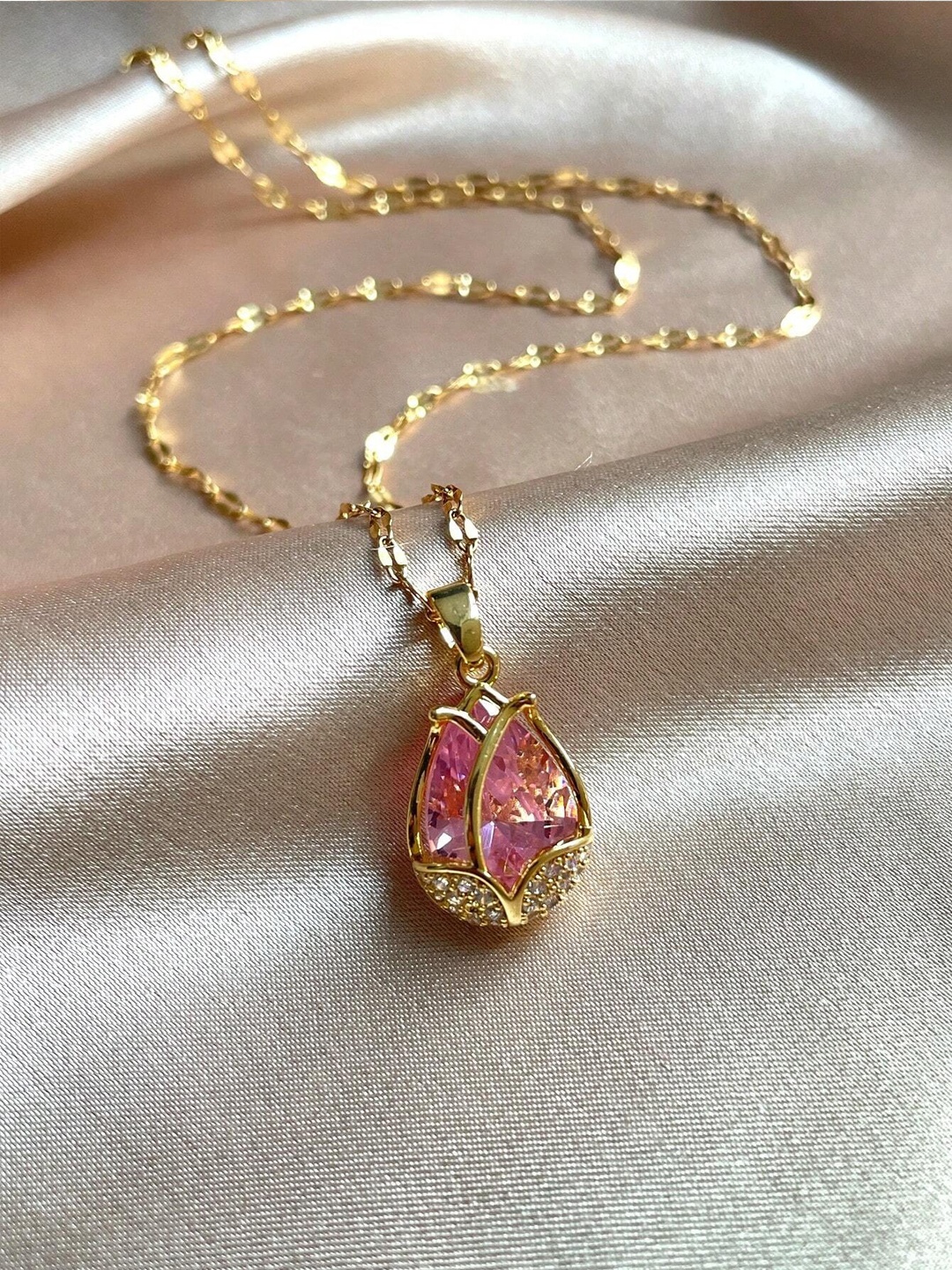 

BEYTER Stainless Steel Cubic Zirconia Stone Studded Oval Shaped Pendant With Chain, Gold