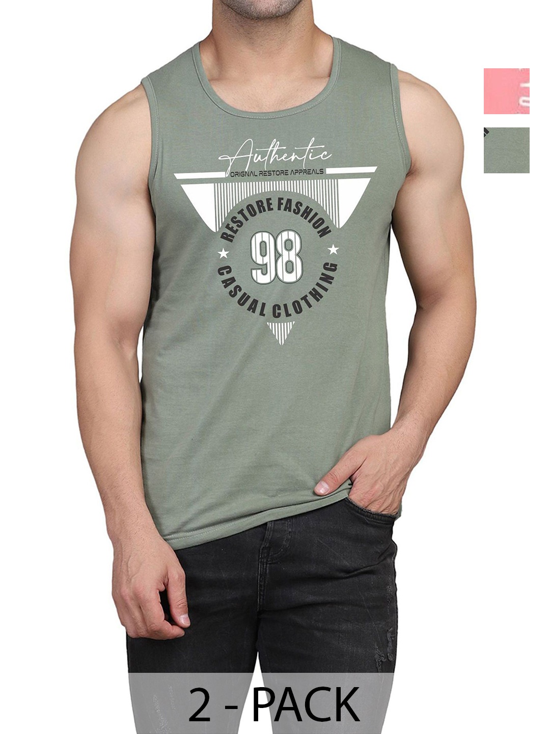 

WOOSTRO Men Pack Of 2 Typography Printed Round Neck Cotton Slim Fit T-shirts, Peach