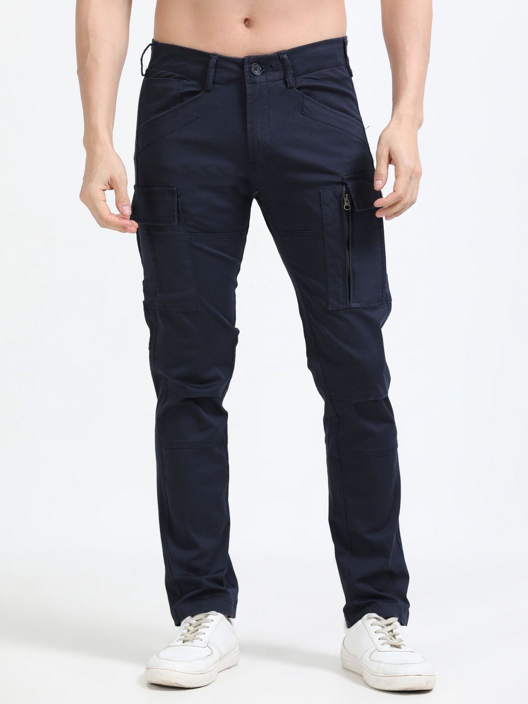 

NEVER NEUD Men Relaxed Fit Mid-Rise Cargos Trousers, Navy blue