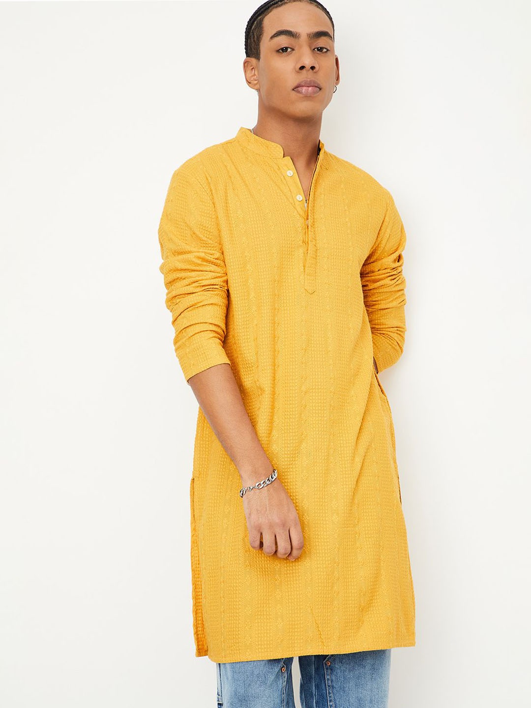 

max Floral Woven Design Mandarin Collar Straight Kurta, Yellow