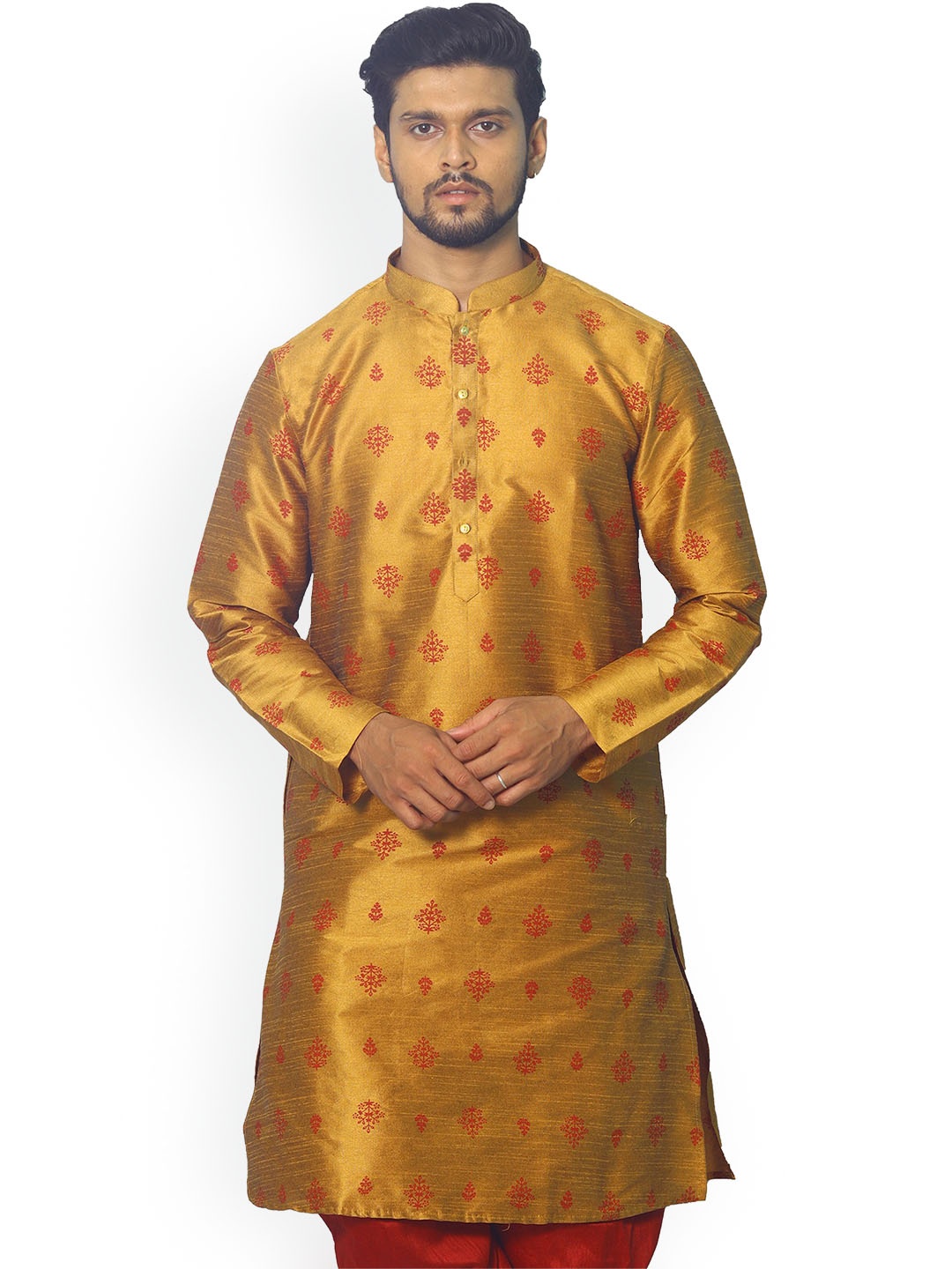 

House of Aqss Floral Printed Mandarin Collar Kurta With Dhoti Pants, Gold