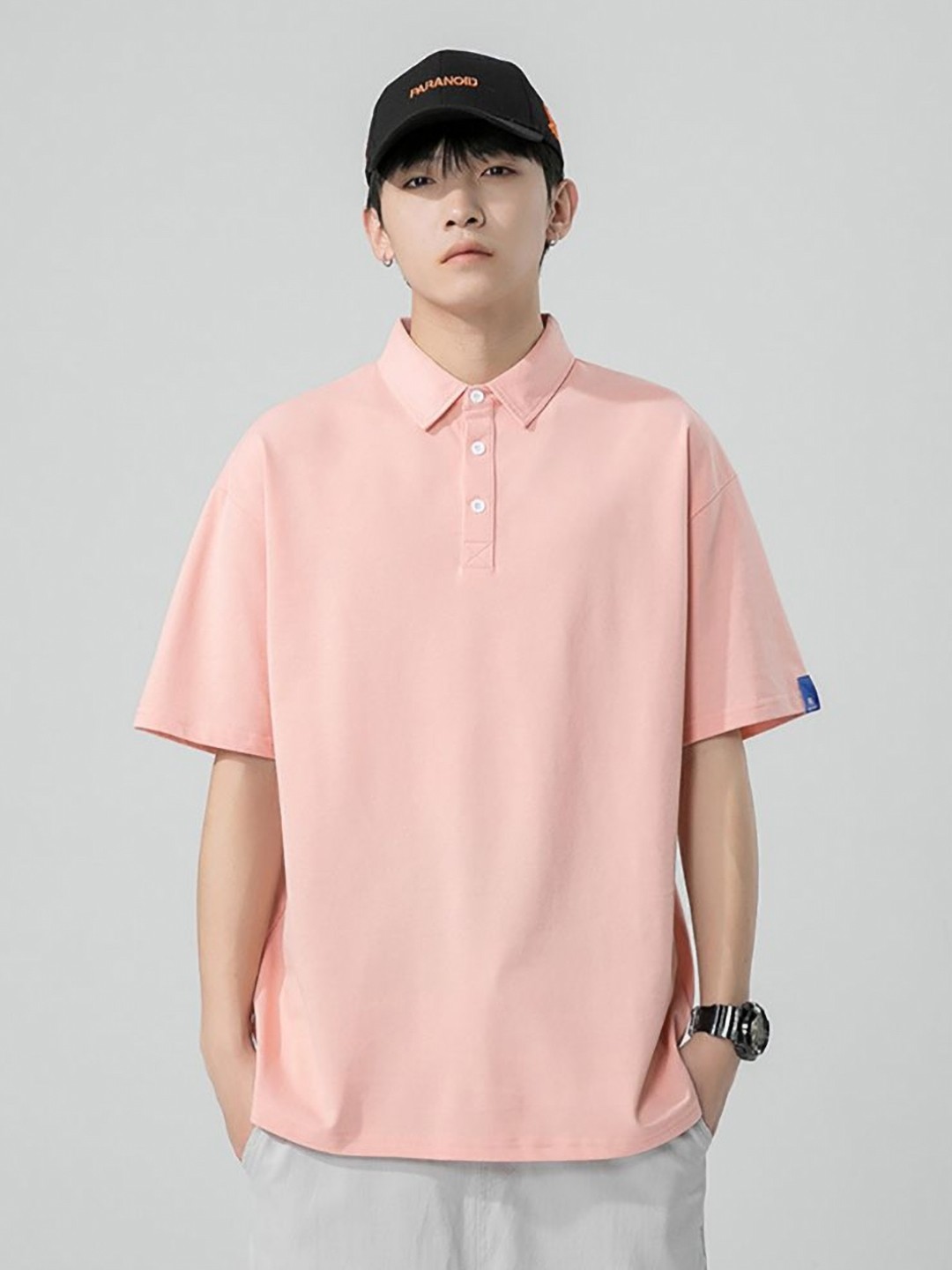 

StyleCast x Revolte Men Polo Collar Raw Edge T-shirt, Pink