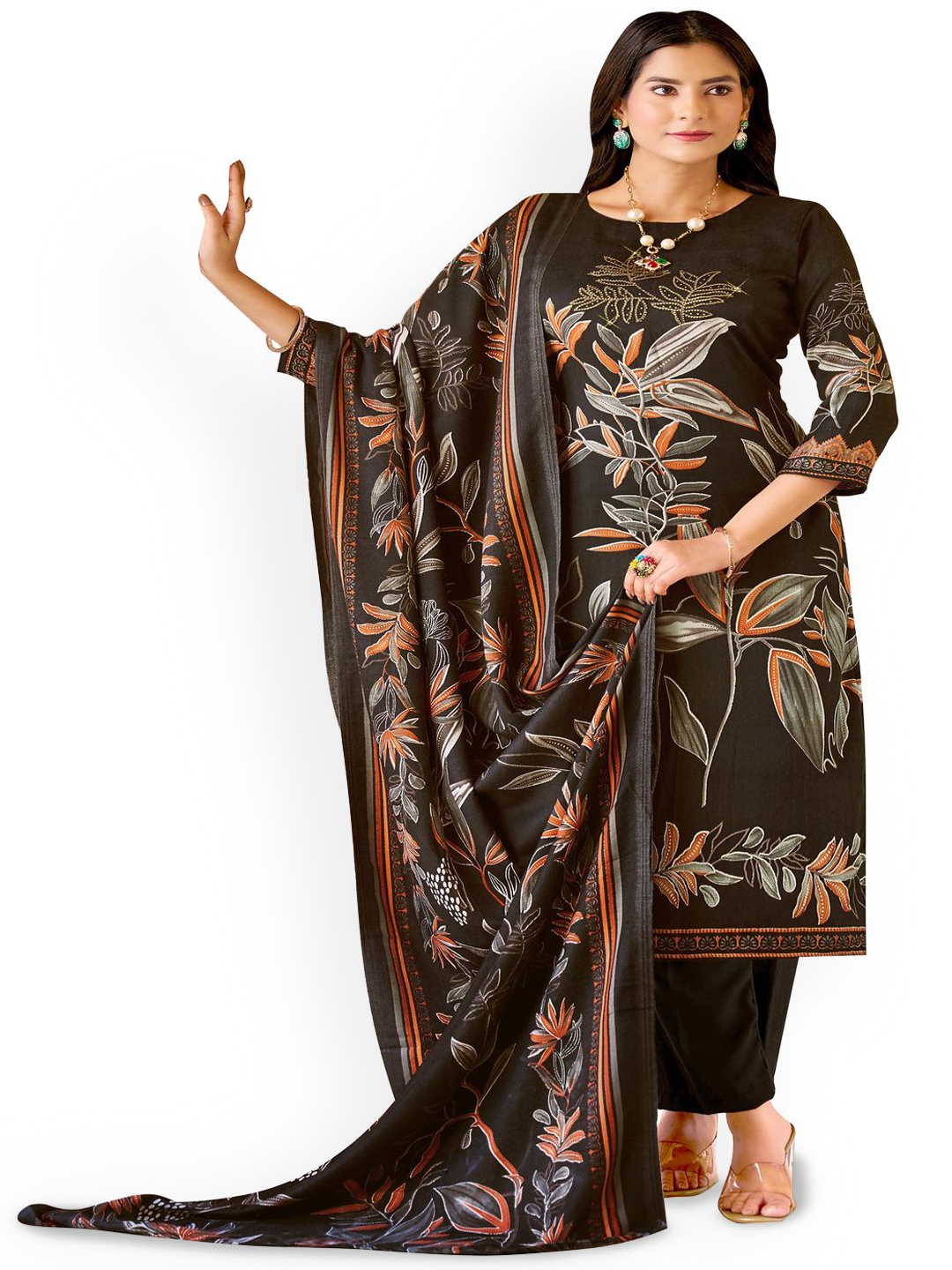 

DRAVINAM Trends Floral Printed Pashmina Unstitched Dress Material, Brown