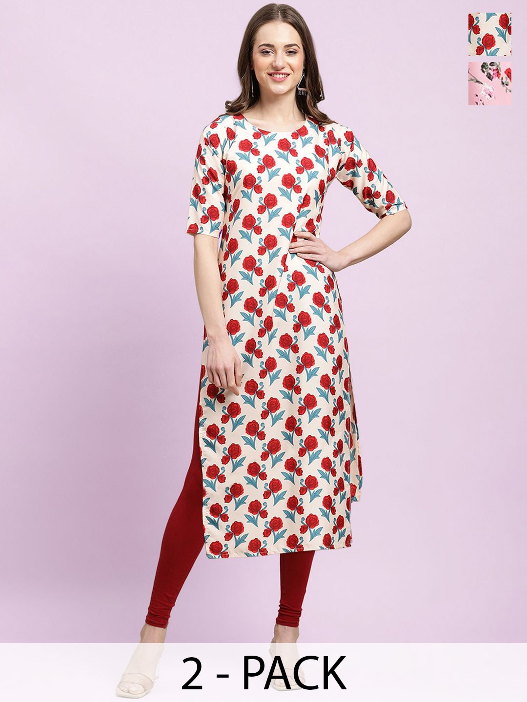 

Moda Rapido White & Pink Selection Of 2 Floral Printed Straight Kurtas