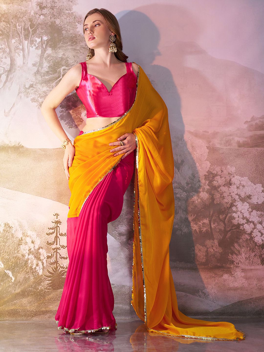 

Kalista Colourblocked Sequinned Pure Georgette Saree, Pink