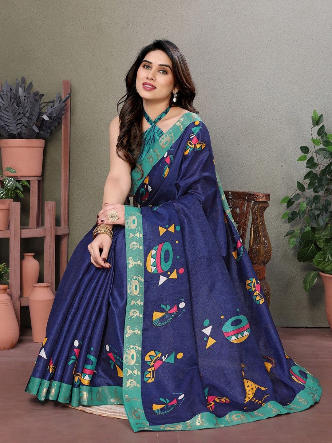 

KALINI Kalamkari Art Silk Saree, Navy blue