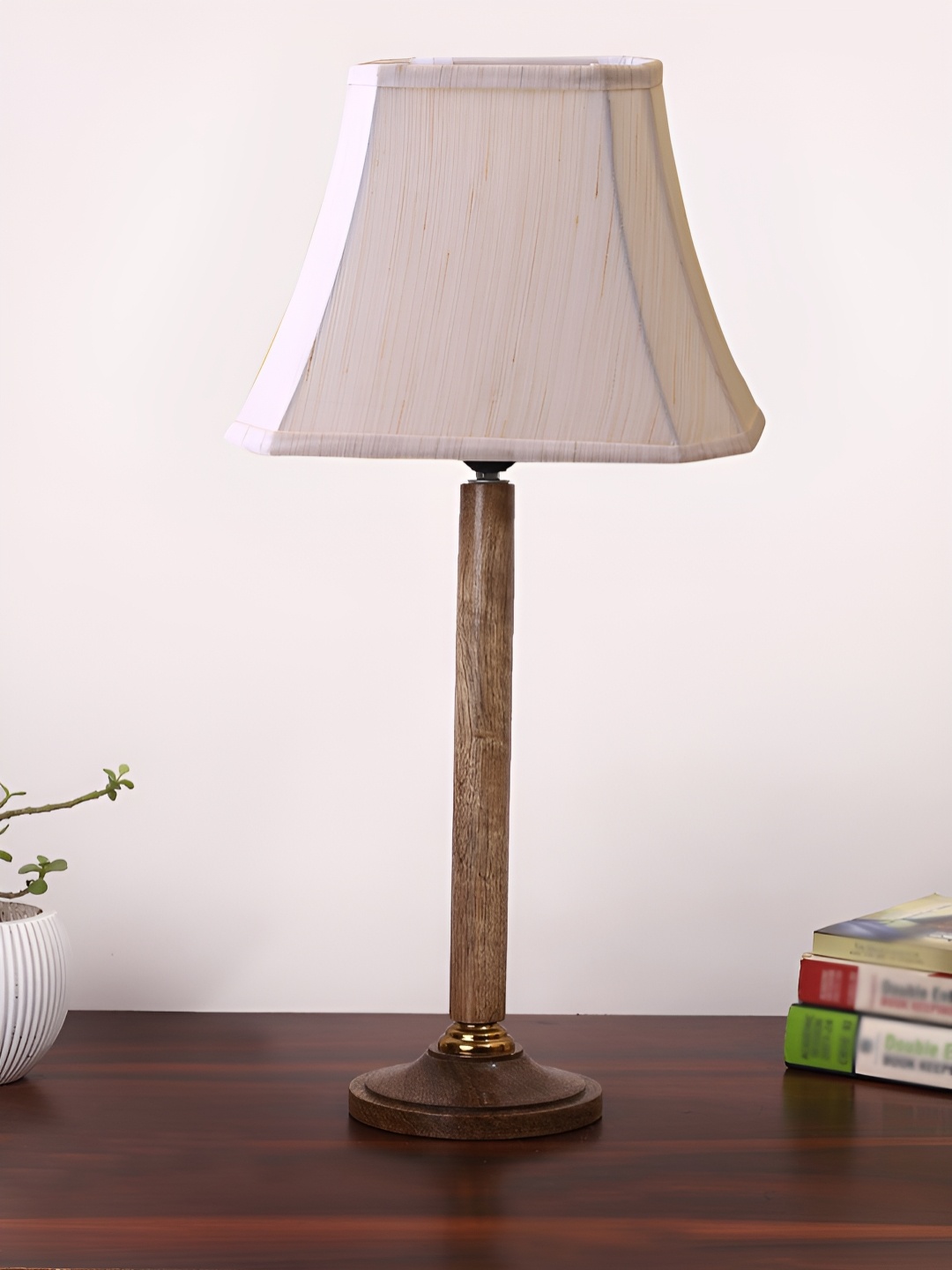 

Devansh Off White & Brown Wooden Contemporary Frustum Shaped Table Lamp