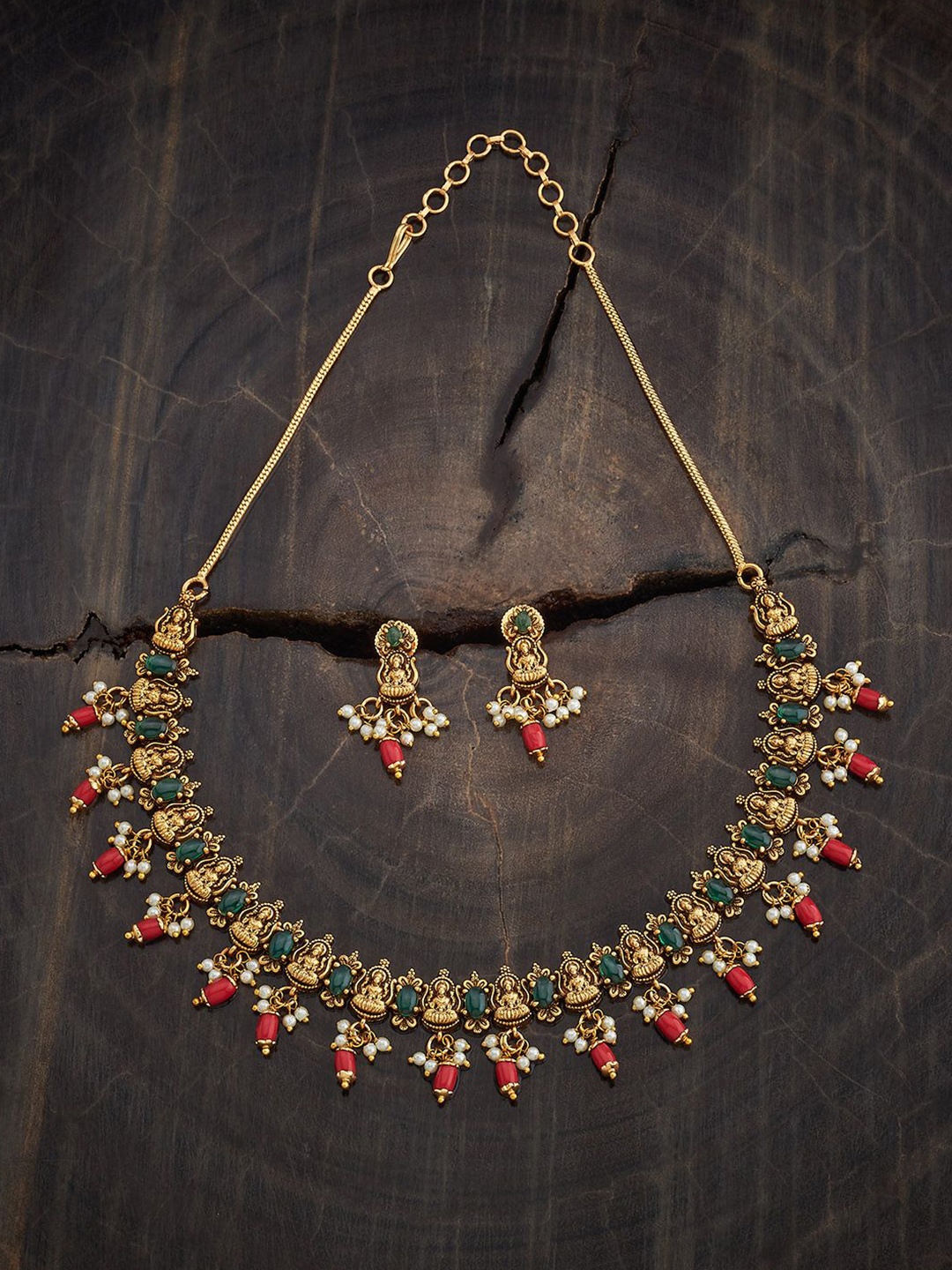 

Kushal's Fashion Jewellery Copper Ruby-Green Gold-Plated Antique Necklace