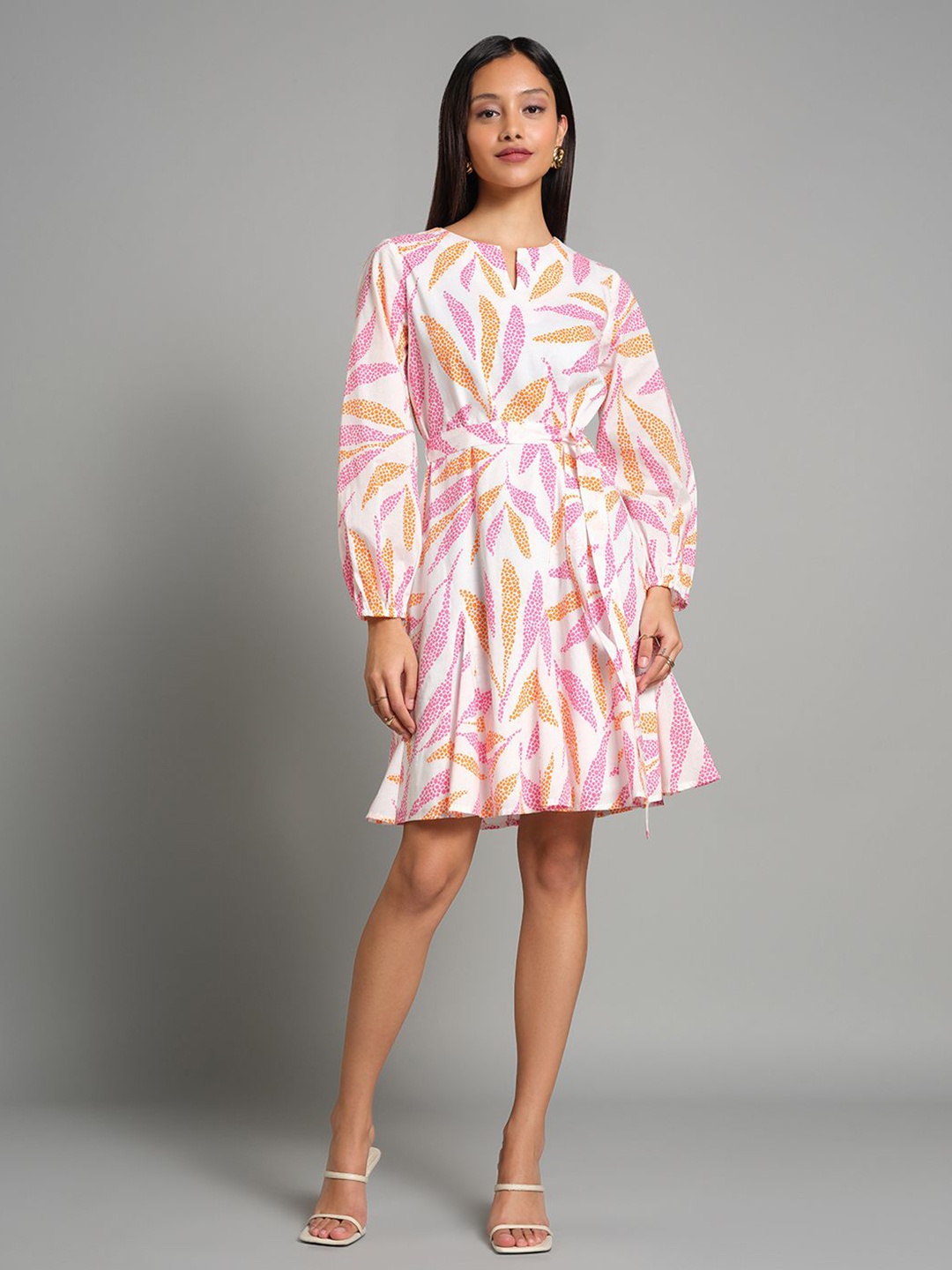 

AND Floral Print Puff Sleeve Fit & Flare Dress, Pink