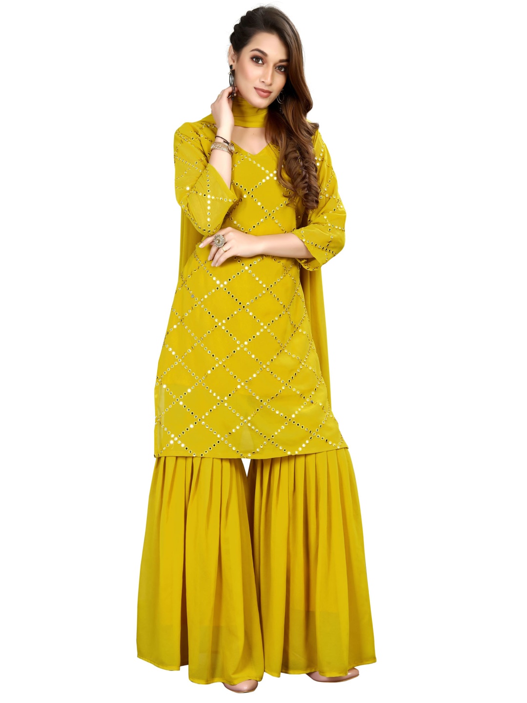 

KRULRIN Embroidered Straight Sequinned Kurta With Sharara And Dupatta, Yellow