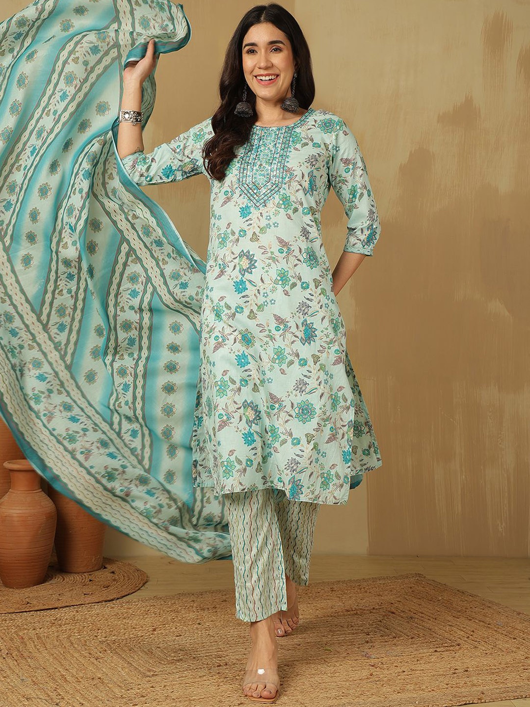 

Sangria Printed Embroidered Pure Cotton Kurta With Trouser & Dupatta, Blue