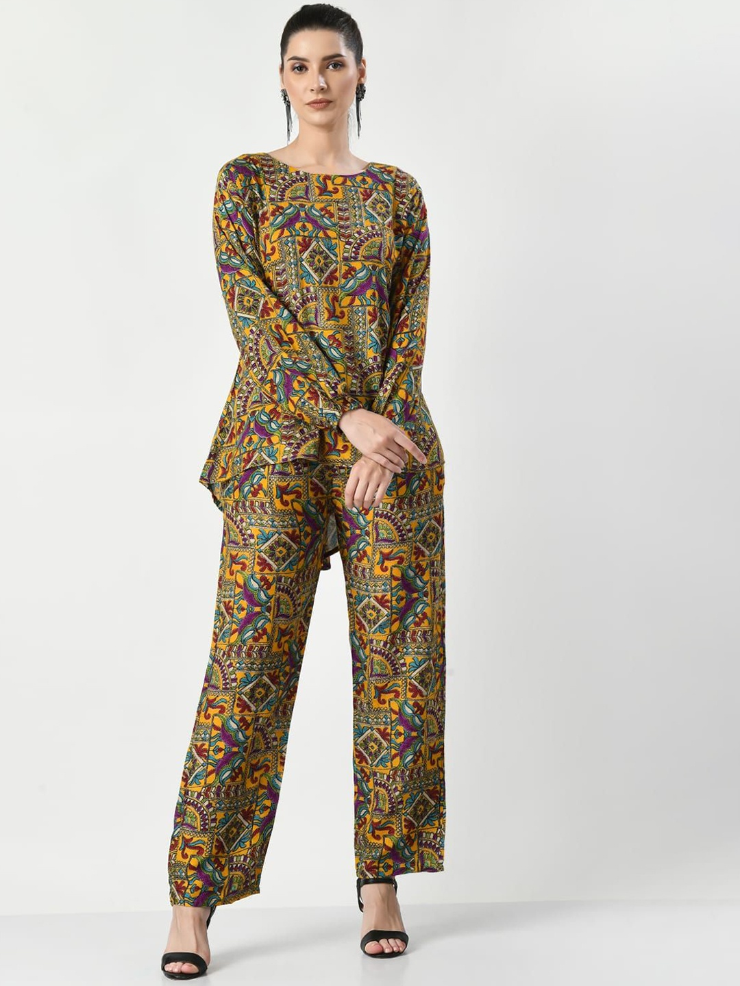 

BAESD Floral Printed Round Neck Tunic With Trousers, Mustard