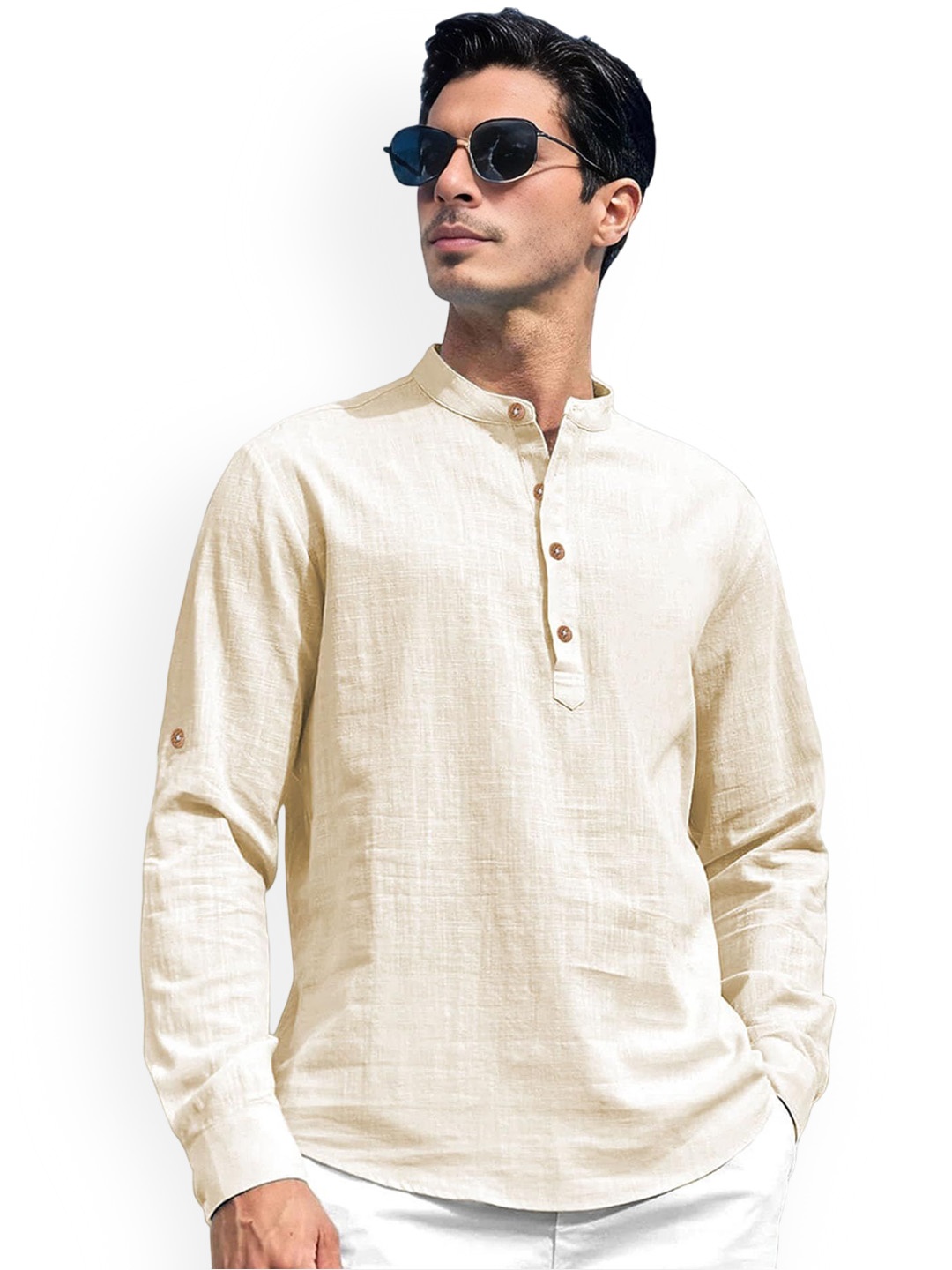 

Vida Loca Cotton Band Collar Slim Fit Short Kurta, Beige