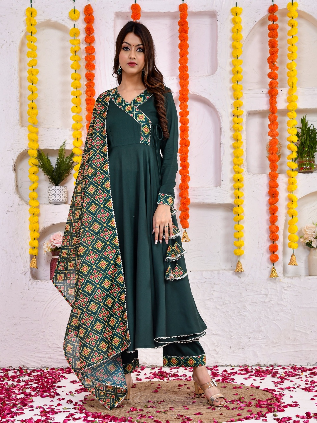 

DRESENCE V-Neck Angrakha Anarkali Kurta With Trouser And Dupatta, Green