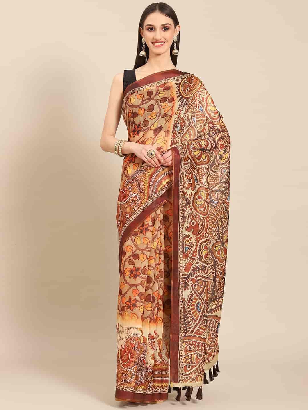 

DIVASTRI Digital Printed Kalamkari Chanderi Cotton Saree With Tassels, Beige