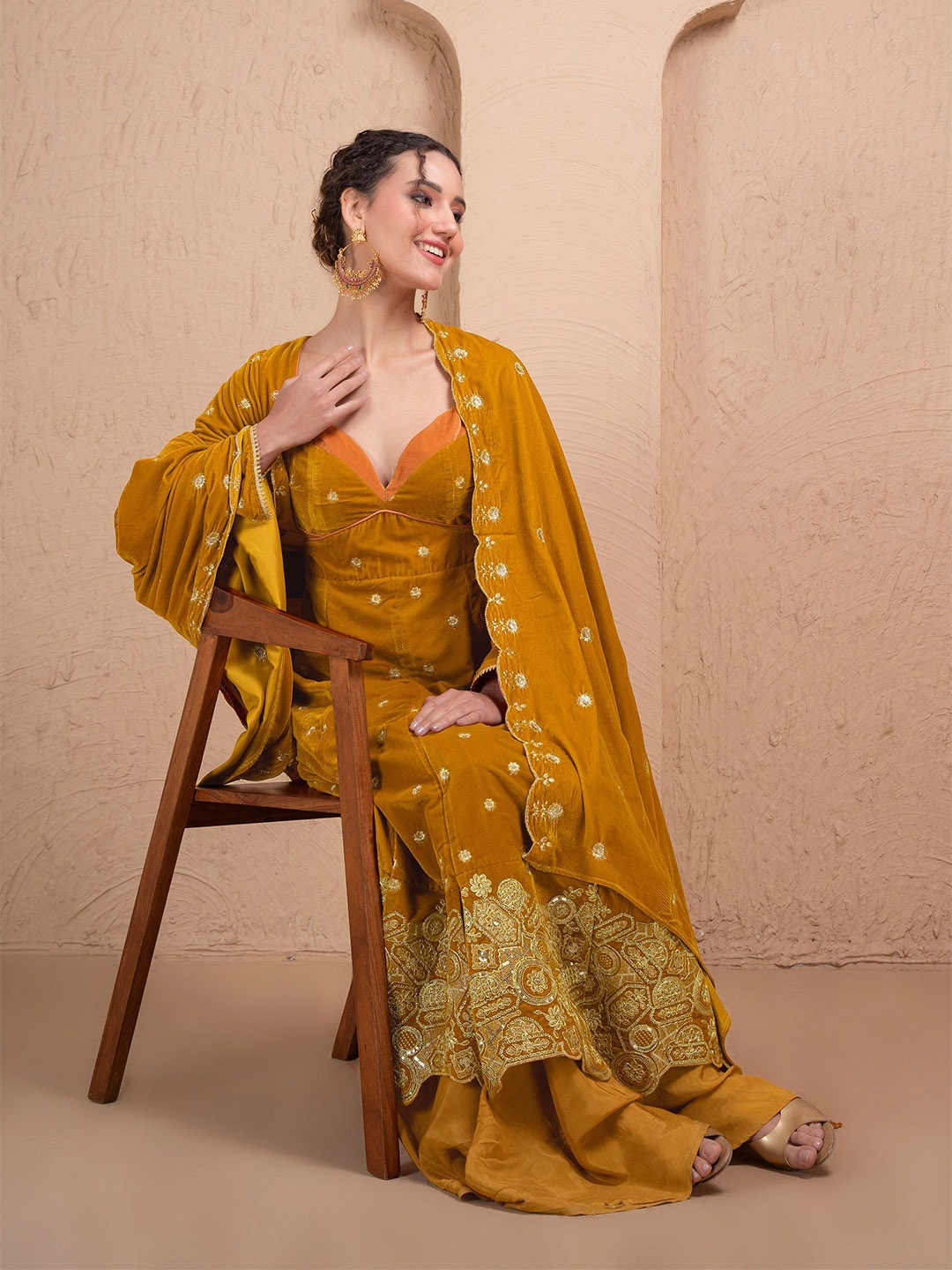 

SEW Floral Embroidered Velvet Dupatta With Sequinned, Mustard