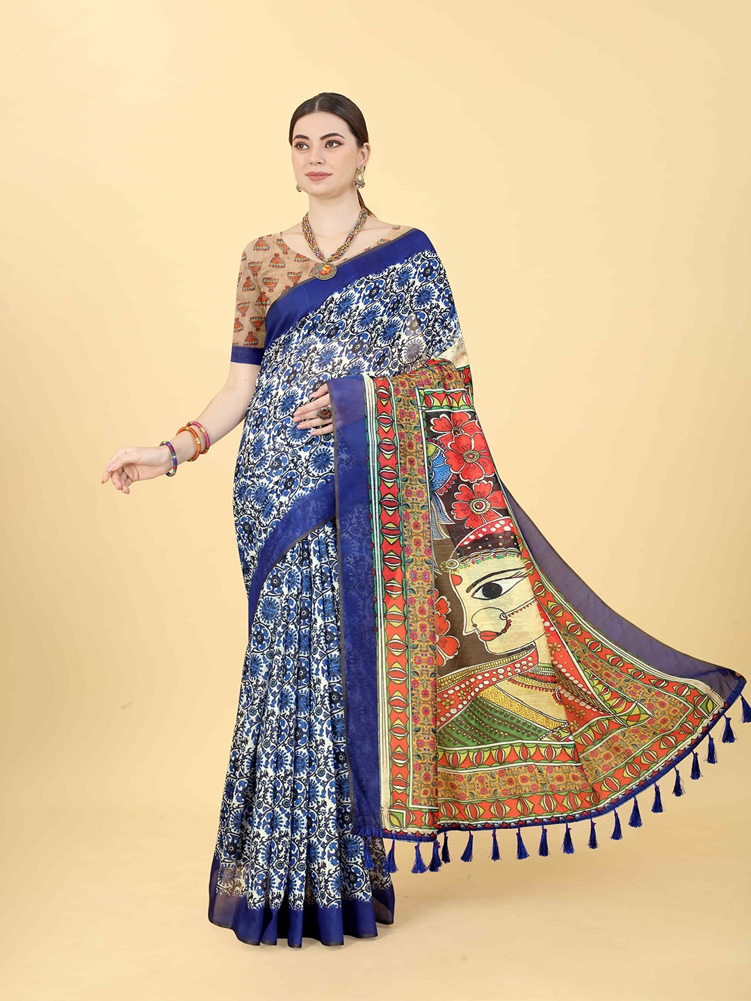 

DIVASTRI Chanderi Cotton Indigo Digital Printed Saree with Beautiful Tassels, Blue