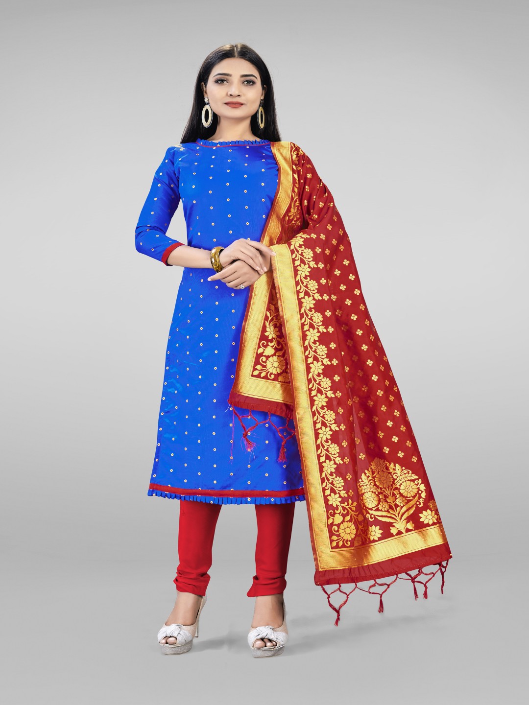 

HERE&NOW Floral Woven Design Banarasi Silk Unstitched Dress Material, Blue