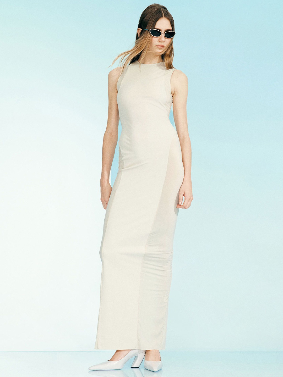 

H&M Sheer-Section Bodycon Dress, Beige