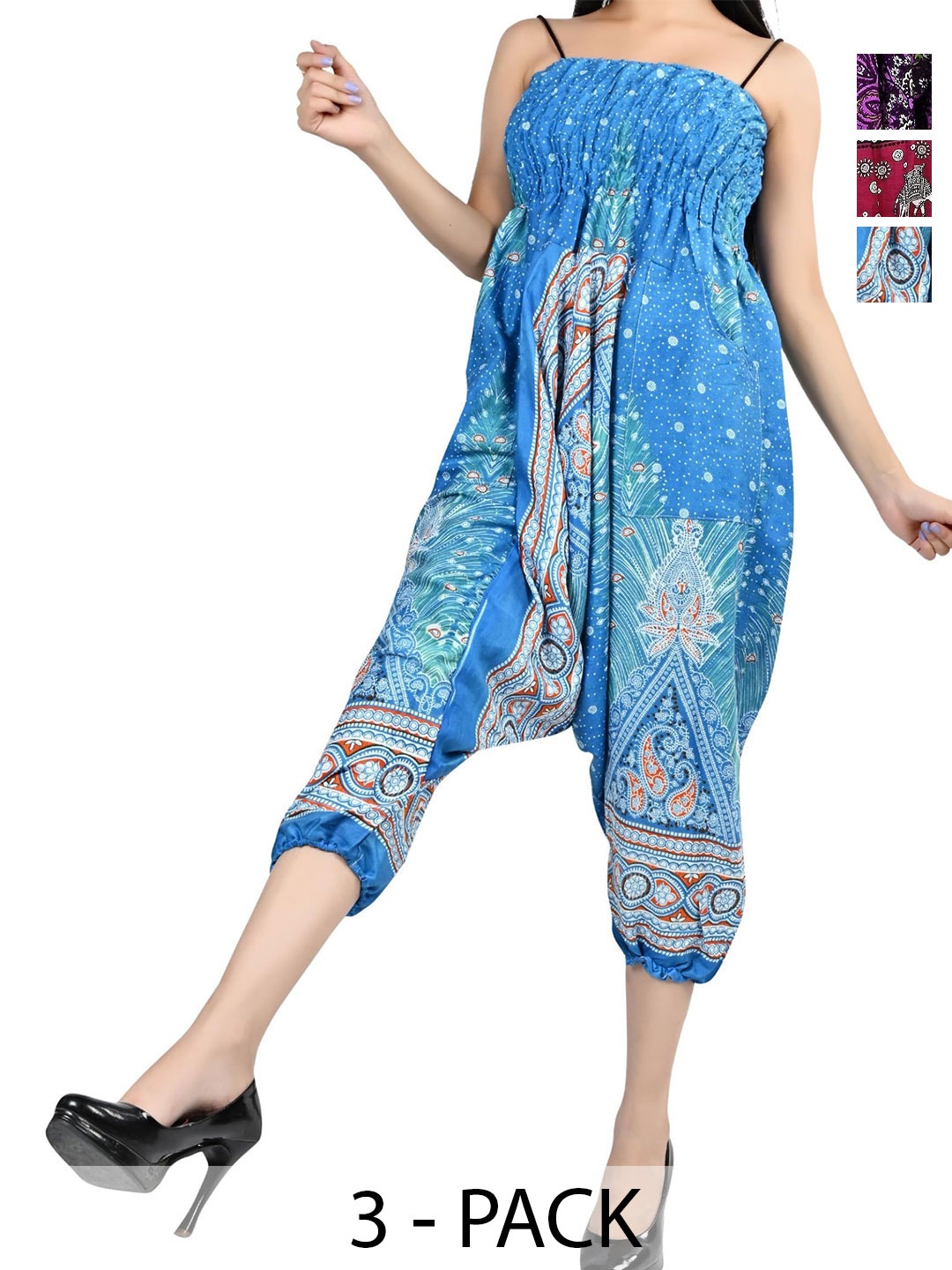 

NarNari Women Pack Of 3 Printed Mid-Rise Harem Pants, Blue