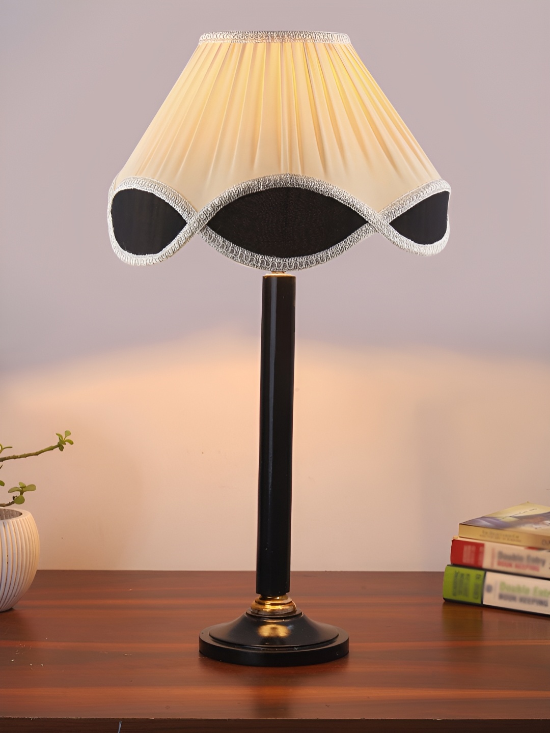 

Devansh Off White & Black Printed Wooden Frustum Shaped Table Lamp