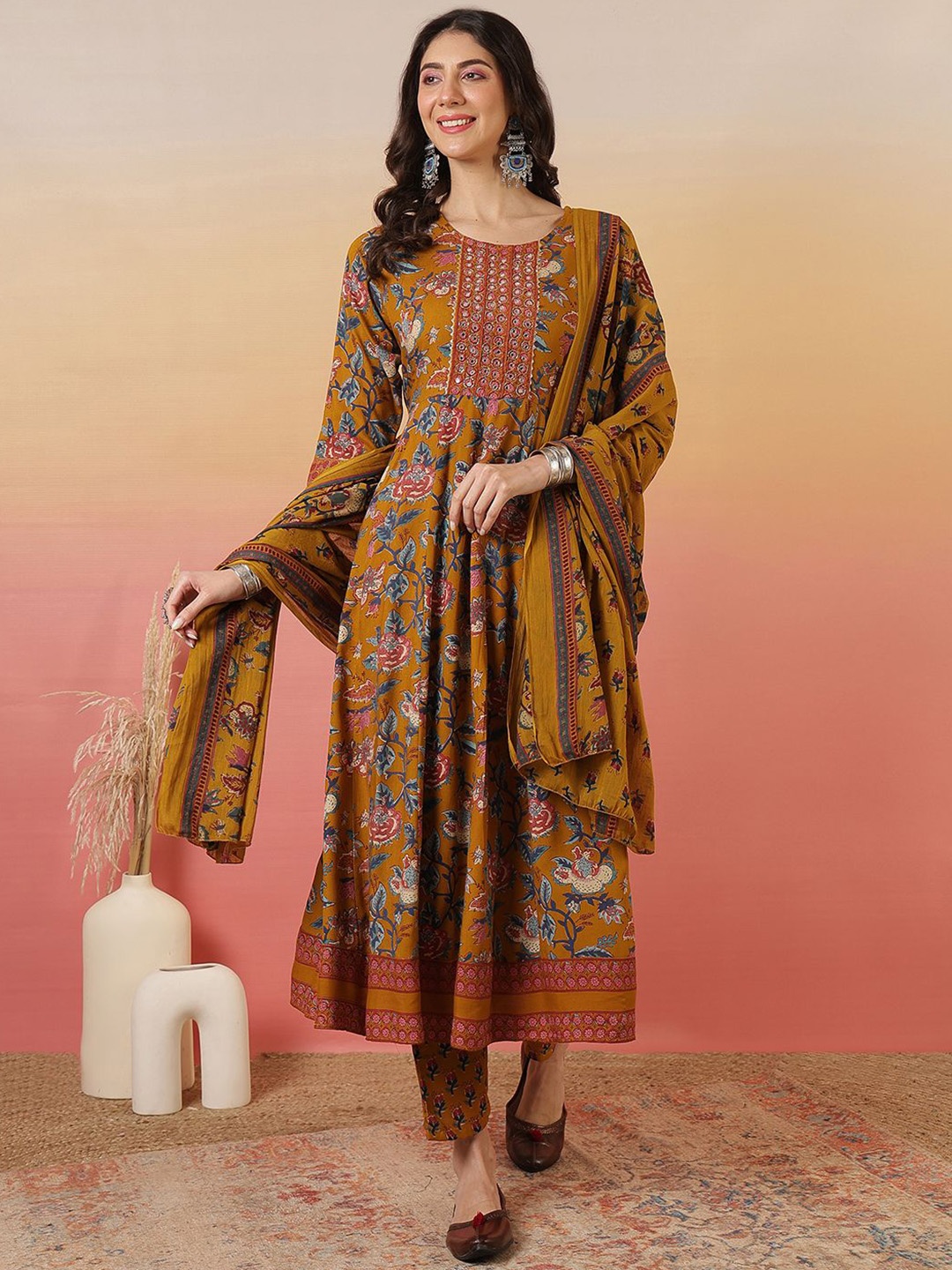 

Sangria Printed Pure Cotton Anarkali Kurta With Trouser & Dupatta, Mustard