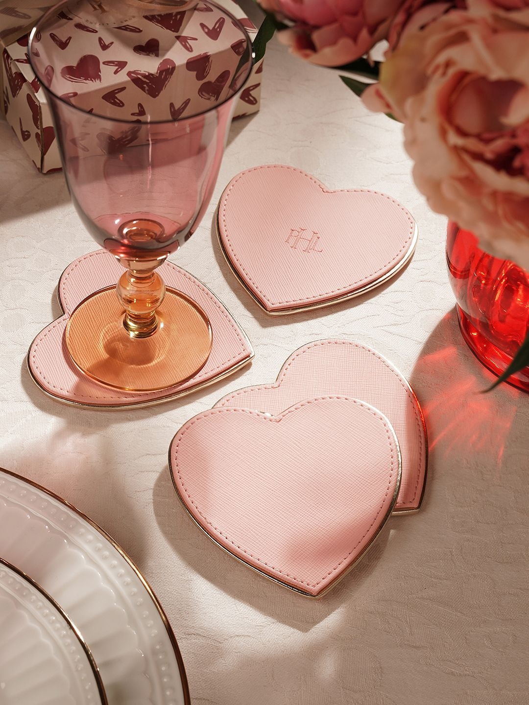 

Pure Home and Living 4-Pcs Pink Faux Leather Heart Shaped Coasters