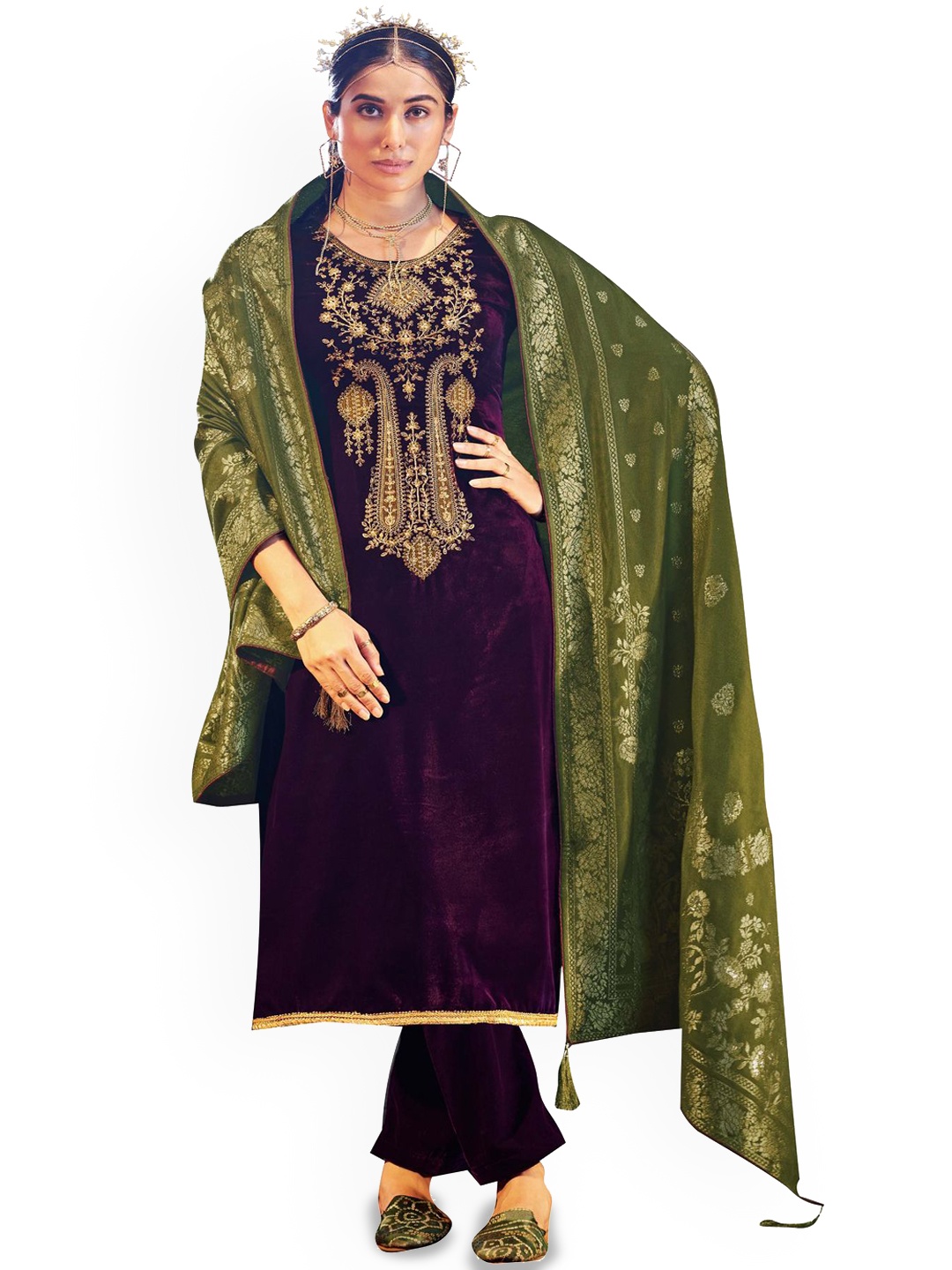 

DRAVINAM Floral Embroidered Zari Velvet Unstitched Dress Material, Purple