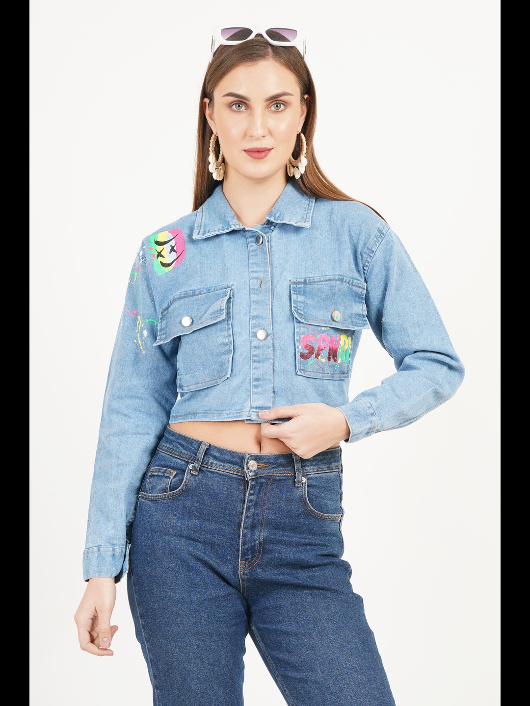 

Lahaba Women Typography Crop Denim Jacket, Blue