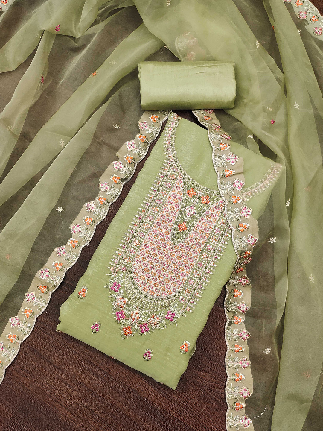

KALINI Embroidered Organza Unstitched Dress Material, Green