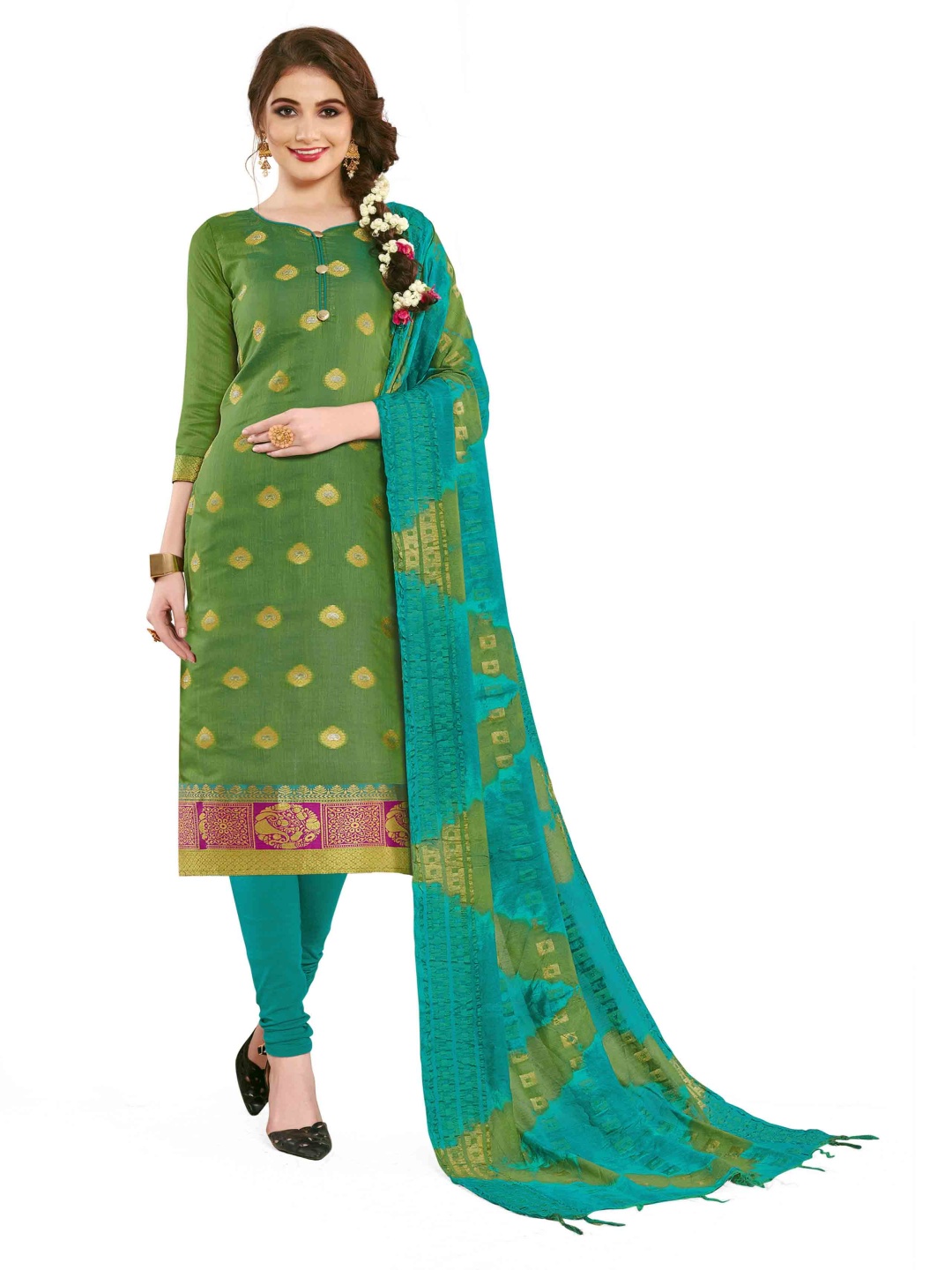 

HERE&NOW Woven Design Unstitched Dress Material, Green