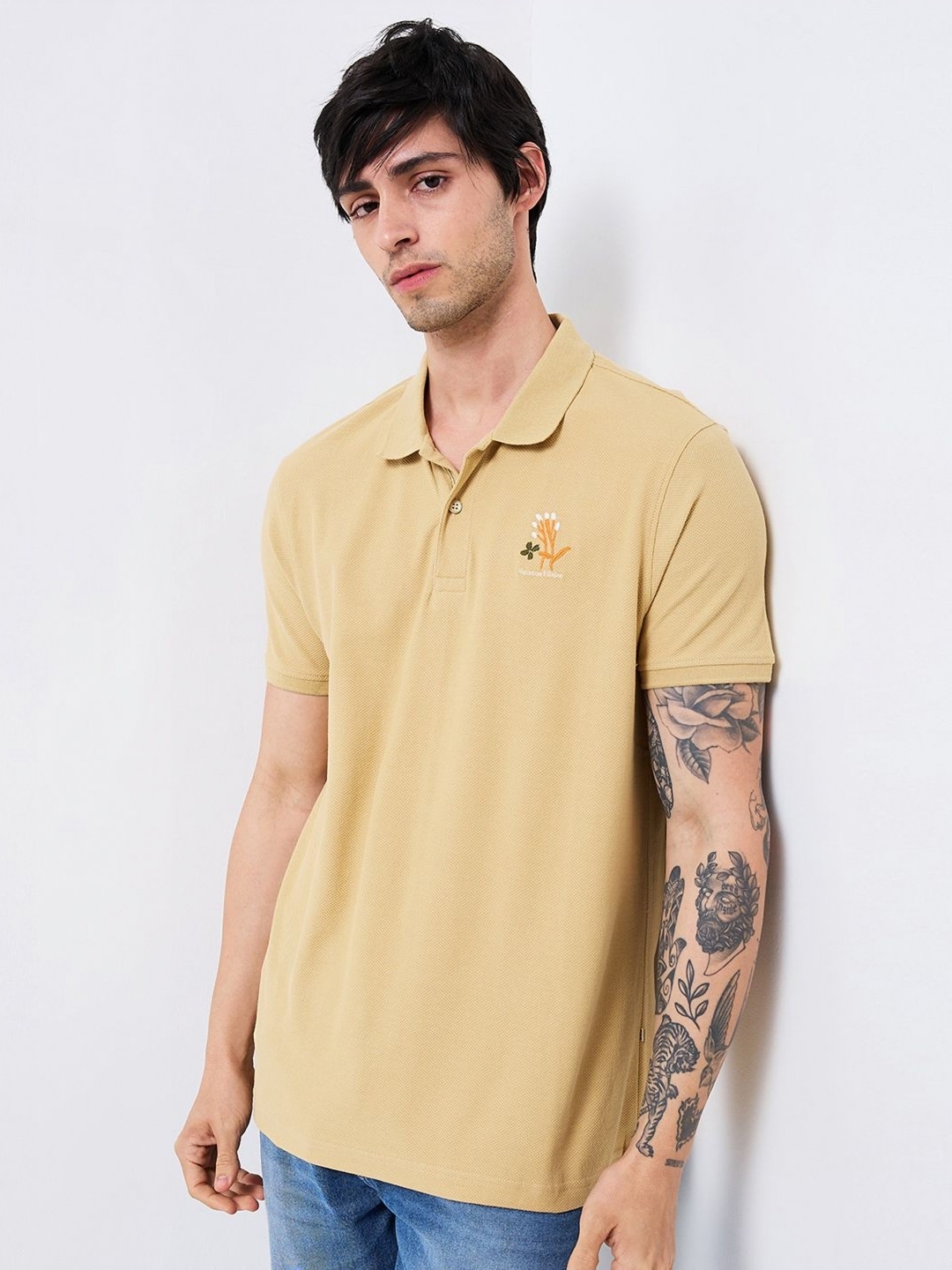 

SPYKAR Men Solid Polo Collar Cotton Slim Fit T-shirt, Beige