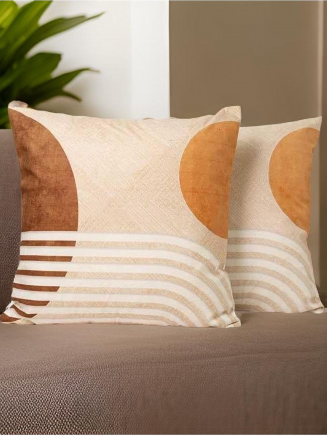 

Aura Beige & Brown 2 Pieces Self Design Printed Pure Cotton Square Cushion Covers